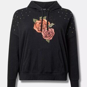 Torrid Sweatshirt Hoodie 2X 3X Black Roses Studded Relaxed Fit Plus Size Top NWT